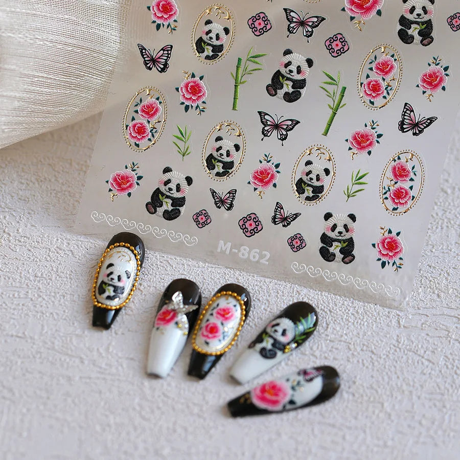 5D Panda Peony Butterfly Nail Art Stickers | Kawaii Decals Nail Art Stickers QXL