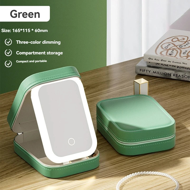 Portable Lighted Makeup Mirror Storage Case | Travel & Home Lighted Makeup Mirror QXL green