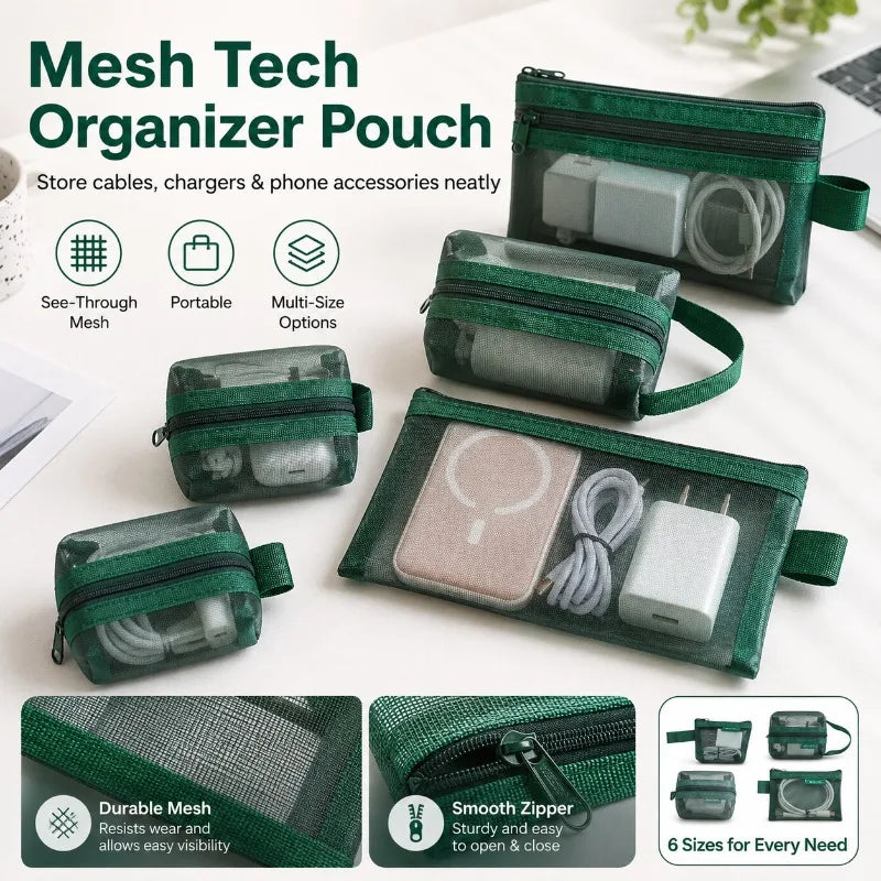 6-Pack Mesh Tech Organizer Pouches | Cable & Accessory Storage Mesh Organizer Pouches QXL