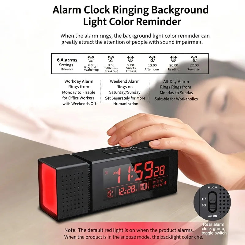 7-Color LED Alarm Clock | 6 Alarms, FM Radio, Temp & Humidity LED Alarm Clock QXL