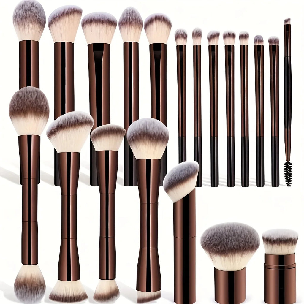 20-Pc Long Handle Makeup Brush Set | Soft Synthetic Bristles Makeup Brush Set QXL Coffee Brown