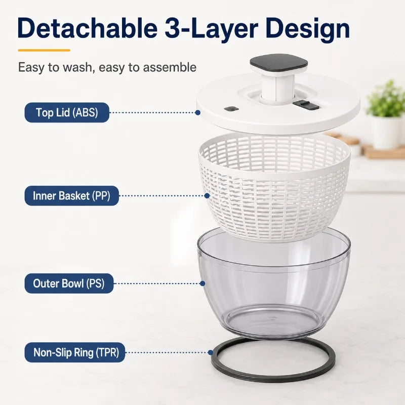 6L Manual Salad Spinner & Vegetable Washer | Non-Slip Base Salad Spinner QXL