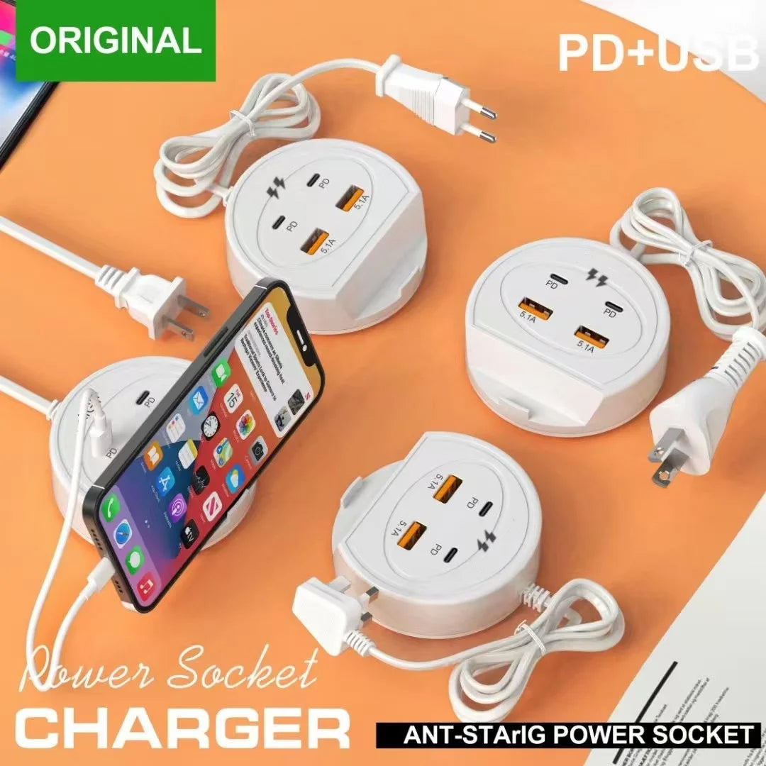 4-Port USB-C PD Wall Charger Hub with Phone Stand | EU US UK USB Wall Charger QXL