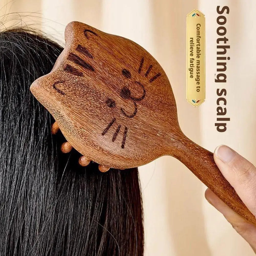 Kitten Cat Massage Comb | Sandalwood Wide Tooth Hair Comb Scalp Massage Comb QXL