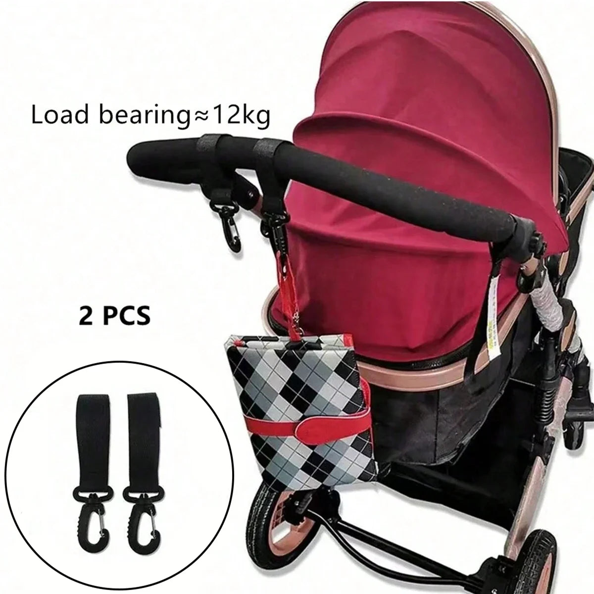 2-Pack 360° Rotating Stroller Hooks | PU Leather Pram Bag Hanger Stroller Hook Set QXL