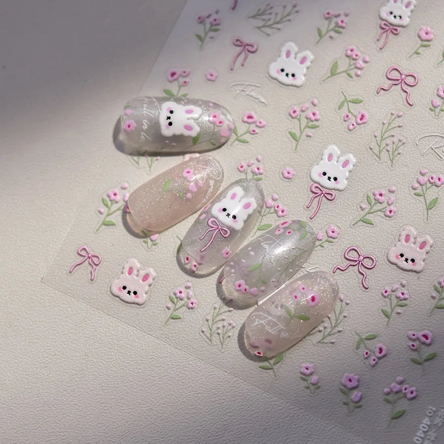 5D Kawaii Rabbit Nail Stickers | Embossed Cartoon Nail Art Decals Nail Art Stickers QXL