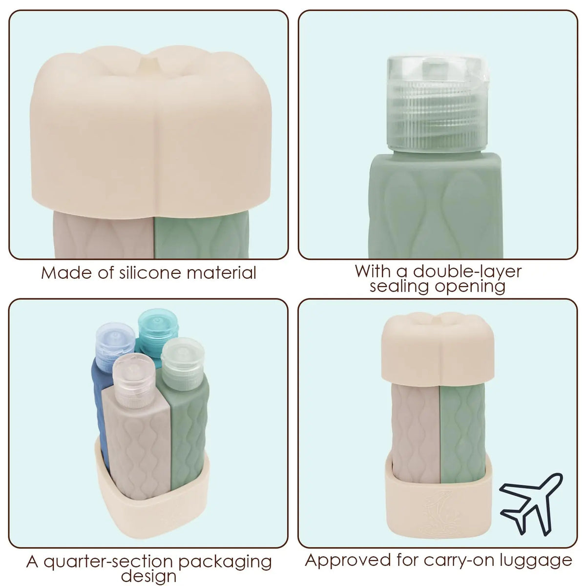 4-in-1 TSA Approved Silicone Travel Bottles for Toiletries Travel Bottle Set QXL