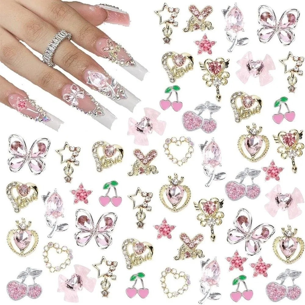 24-Pc Y2K Nail Art Charms | 3D Rhinestone Gems Hearts Stars Bows Nail Art Charms QXL