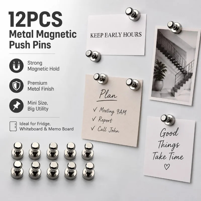 12-Pack Metal Magnetic Push Pins | Silver Fridge & Board Magnets Magnetic Push Pins QXL