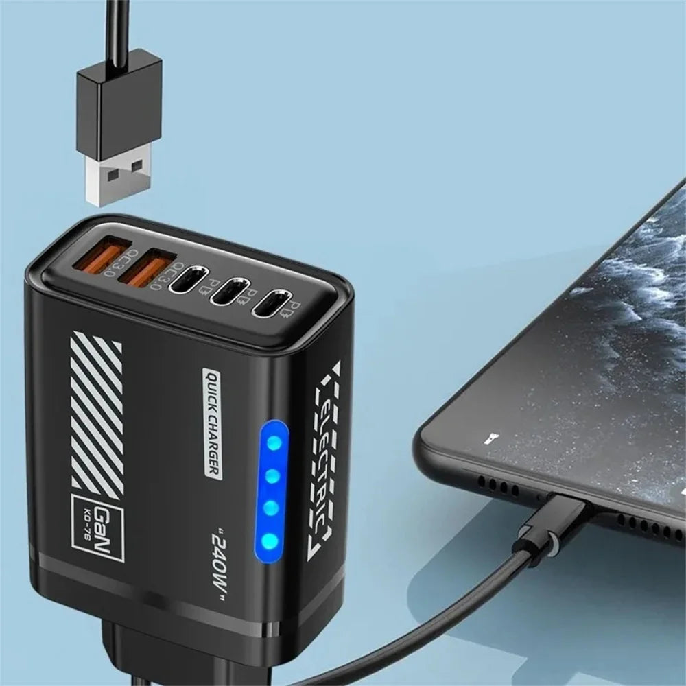 240W GaN 5-Port Fast Charger | 3 USB-C PD + 2 USB-A GaN Charging Station QXL