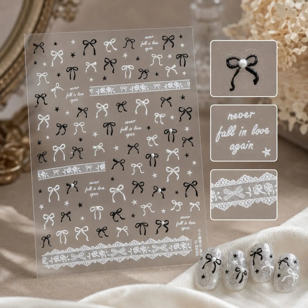 5D Ballet Bow Nail Stickers | Black White Lace Decals Nail Art Stickers QXL