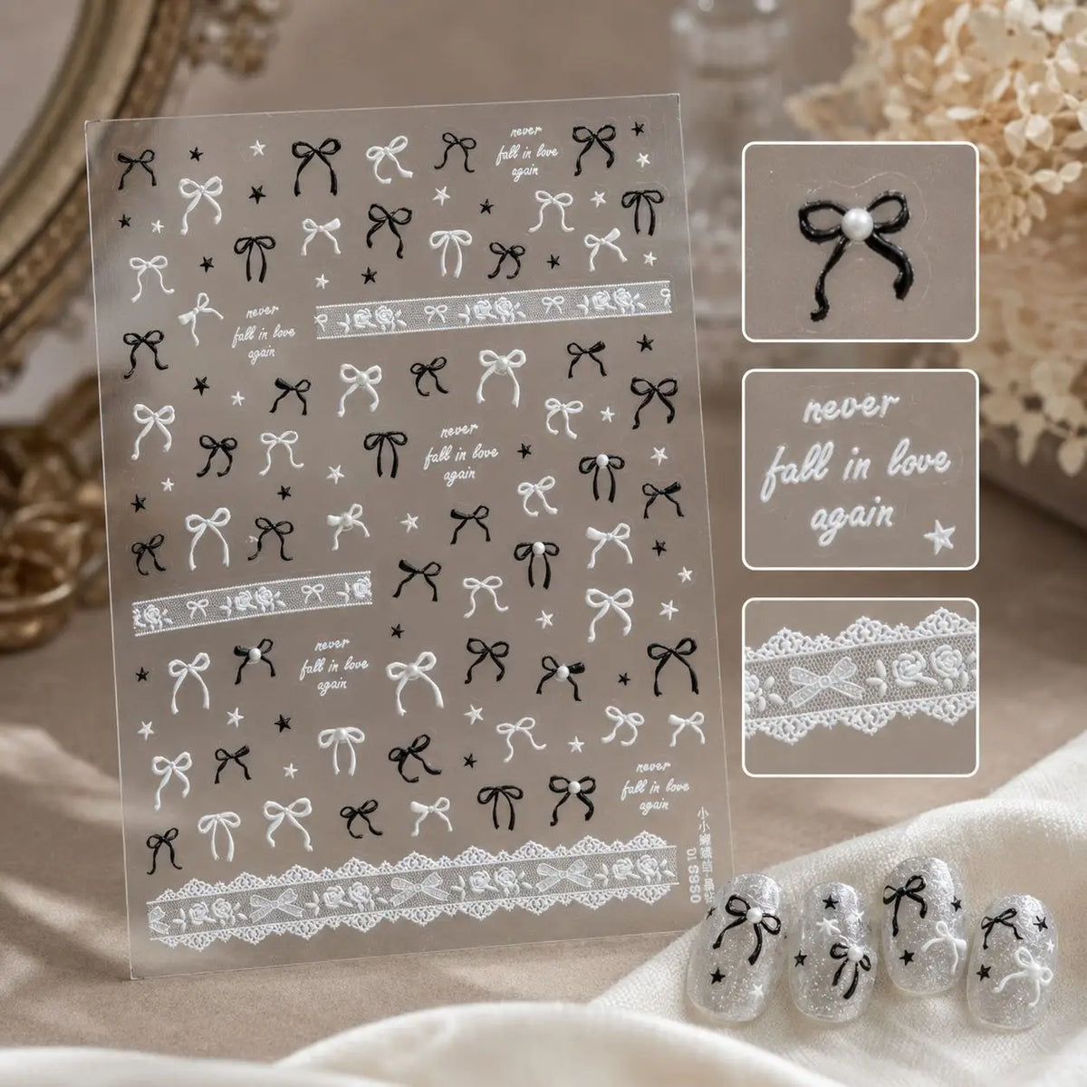 5D Ballet Bow Nail Stickers | Black White Lace Decals Nail Art Stickers QXL