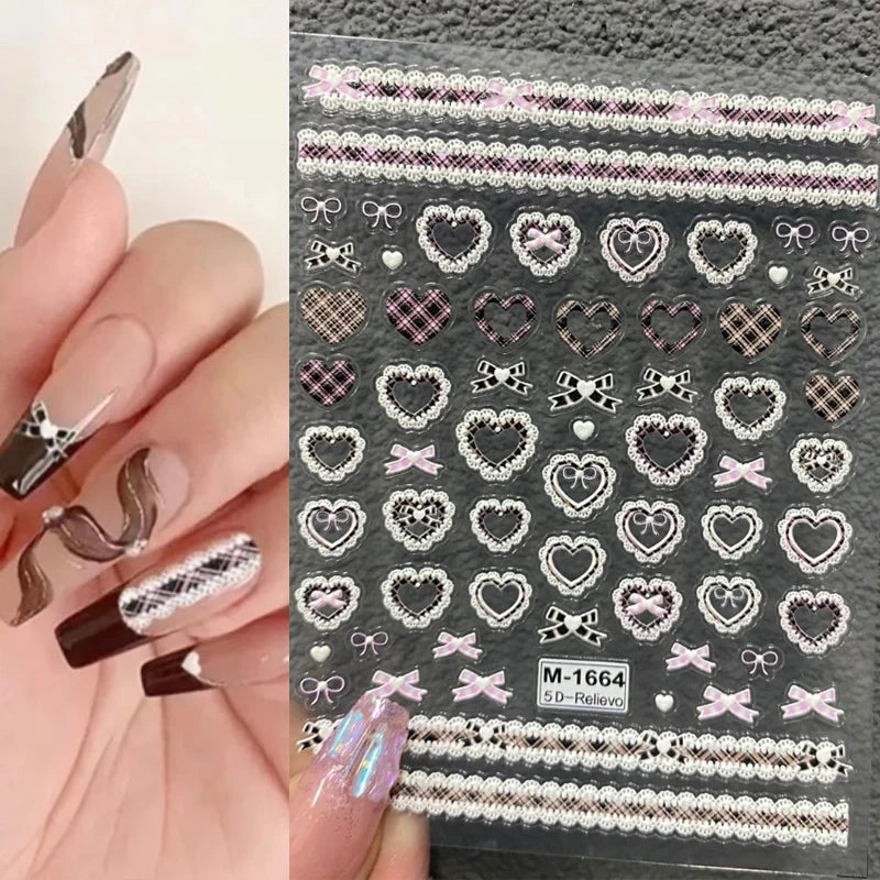 Japanese Lace Bow Nail Stickers | Pink Black White Nail Decals Nail Art Stickers QXL