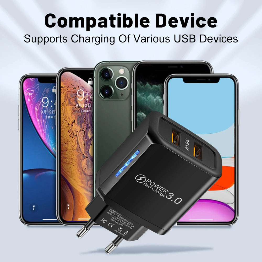 36W Dual USB Fast Wall Charger | Universal Travel Adapter USB Wall Charger QXL