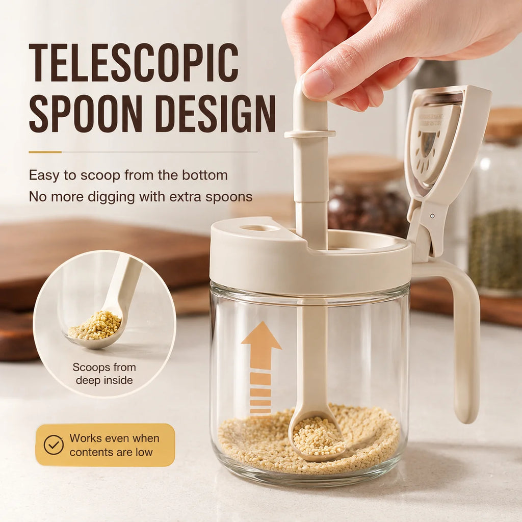 Glass Seasoning Jar with Telescopic Spoon – Moisture-Proof Seasoning Storage Jar QXL