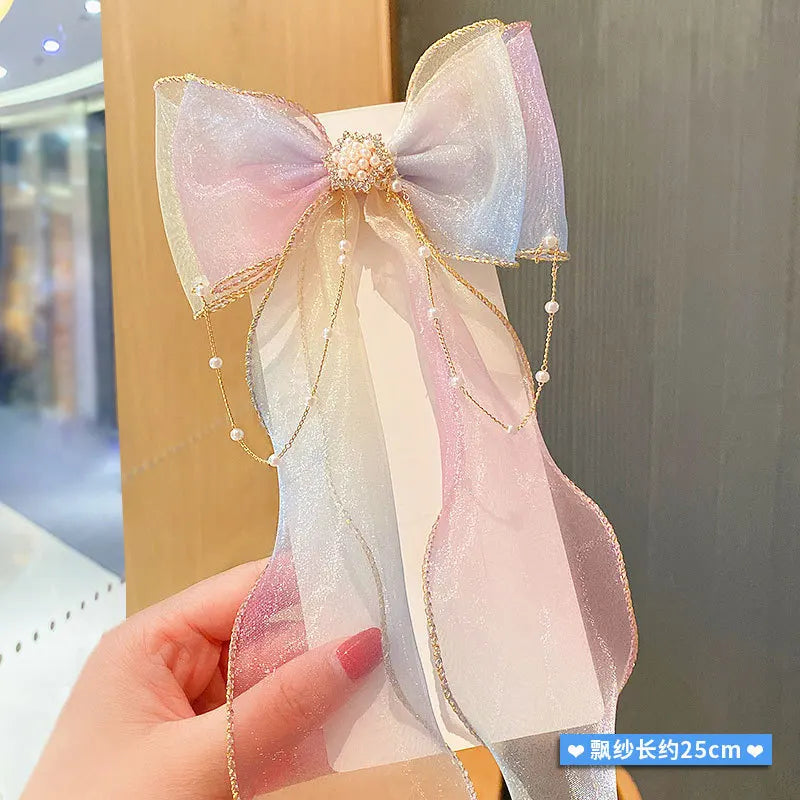 Mesh Bow Hair Clips for Girls – Faux Pearl Tassel Decoration