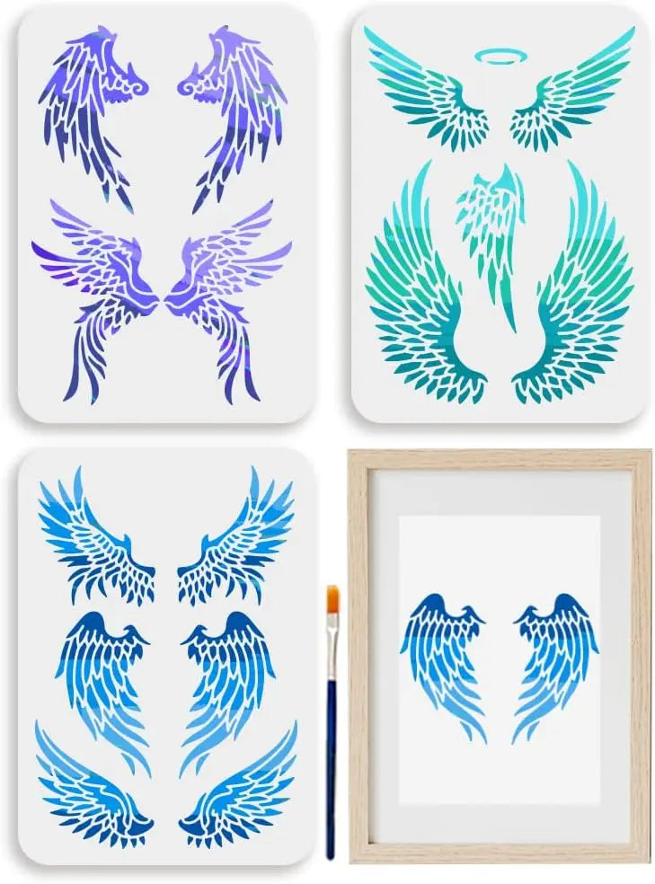 Angel Wings Painting Stencils 3-Pack + Brush | Reusable PET Craft Stencil Set QXL AECH04-13588