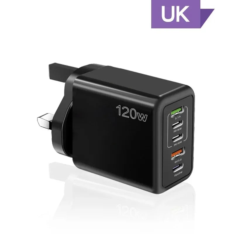 120W 5-Port USB-C PD Fast Charger | QC 3.0 Wall Adapter USB Wall Charger QXL Black UK