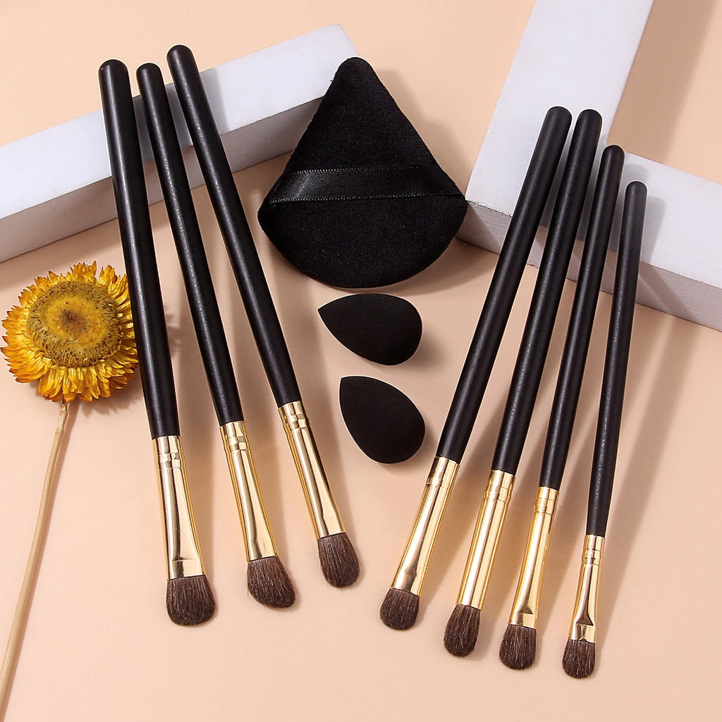 KOSSHOW 10-Pc Horsehair Eyeshadow Brush Set + Puff & Sponges Eyeshadow Brush Set QXL