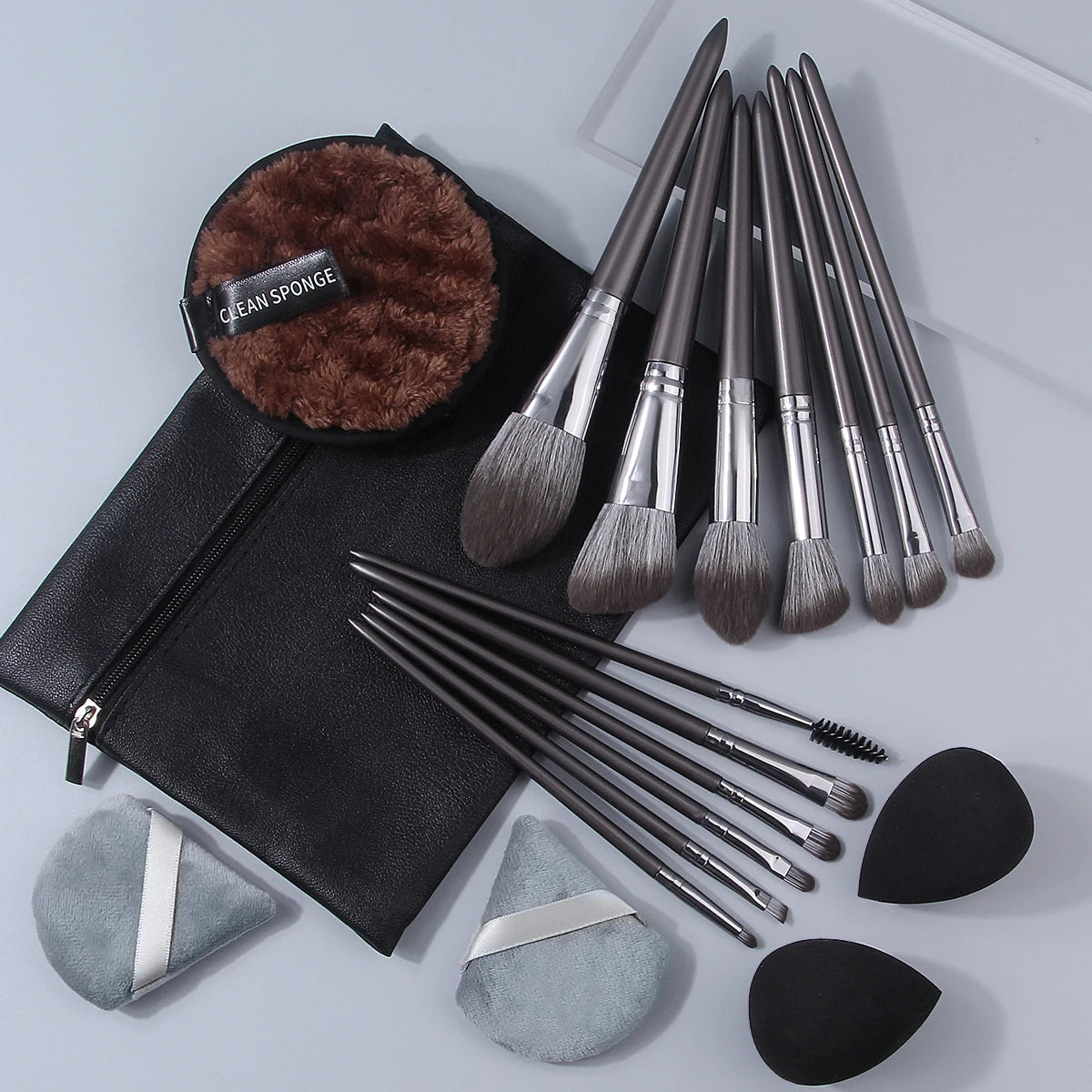 KOSSHOW 19-Pc Silver Makeup Brush Set with Bag & Sponges Makeup Brush Set QXL