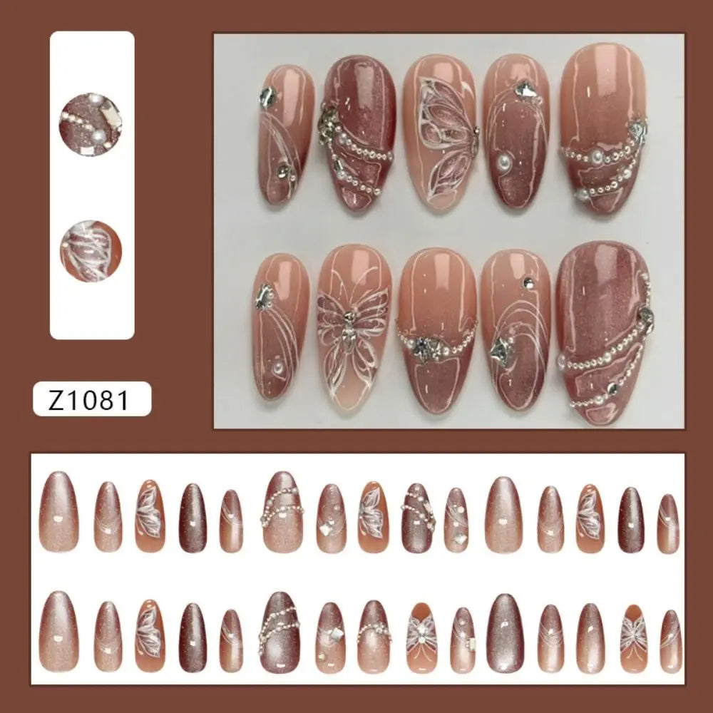 30-Pack Almond Press-On Nails | French Cat Eye Butterfly Pearl Press-On Nail Tips QXL