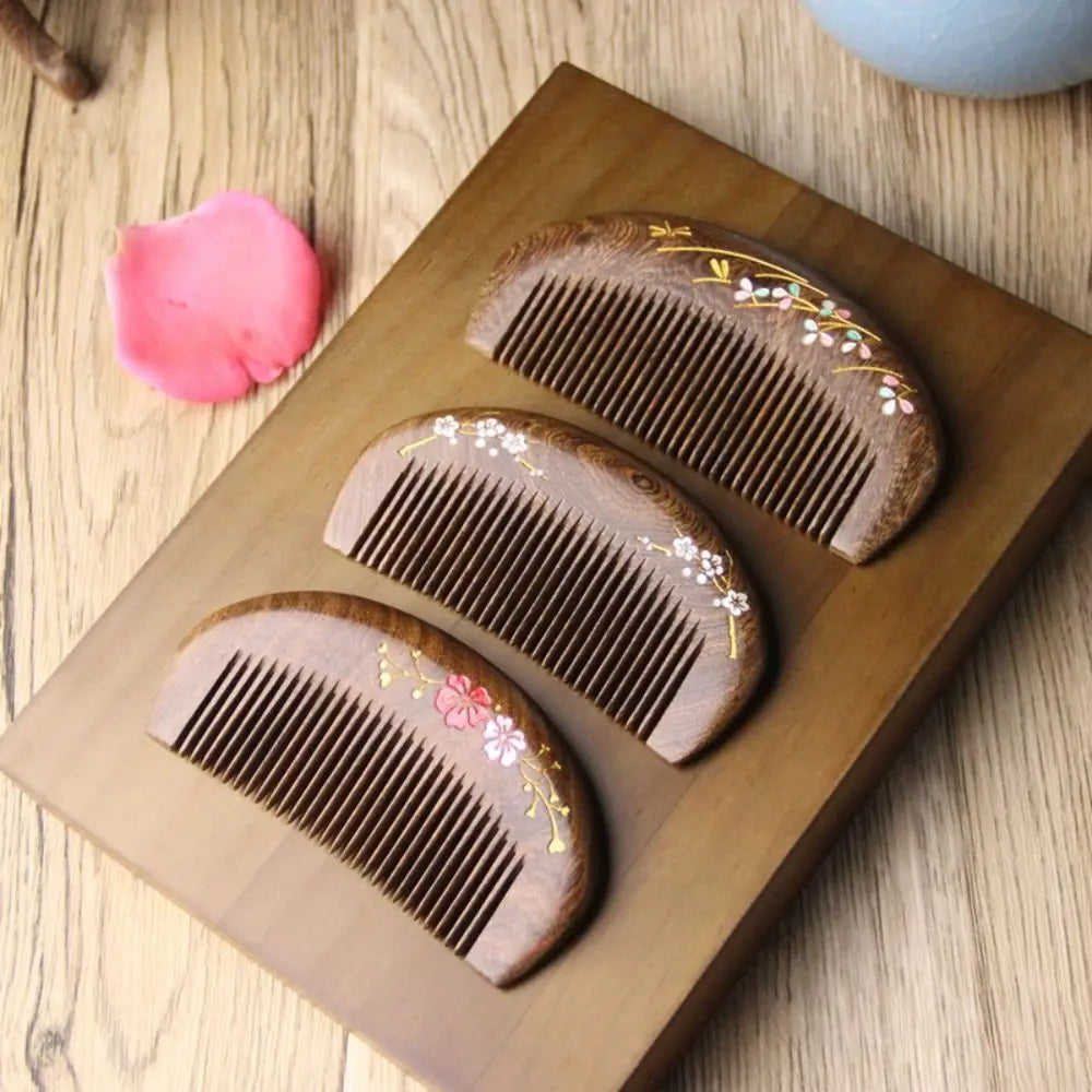 Sandalwood Hair Comb | Plum Blossom Gold Engraved Gift Wooden Hair Comb QXL