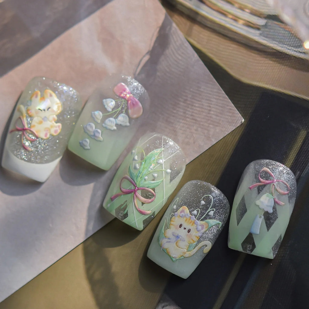 5D Holographic Cat & Floral Embossed Nail Stickers | Self-Adhesive Nail Art Stickers QXL