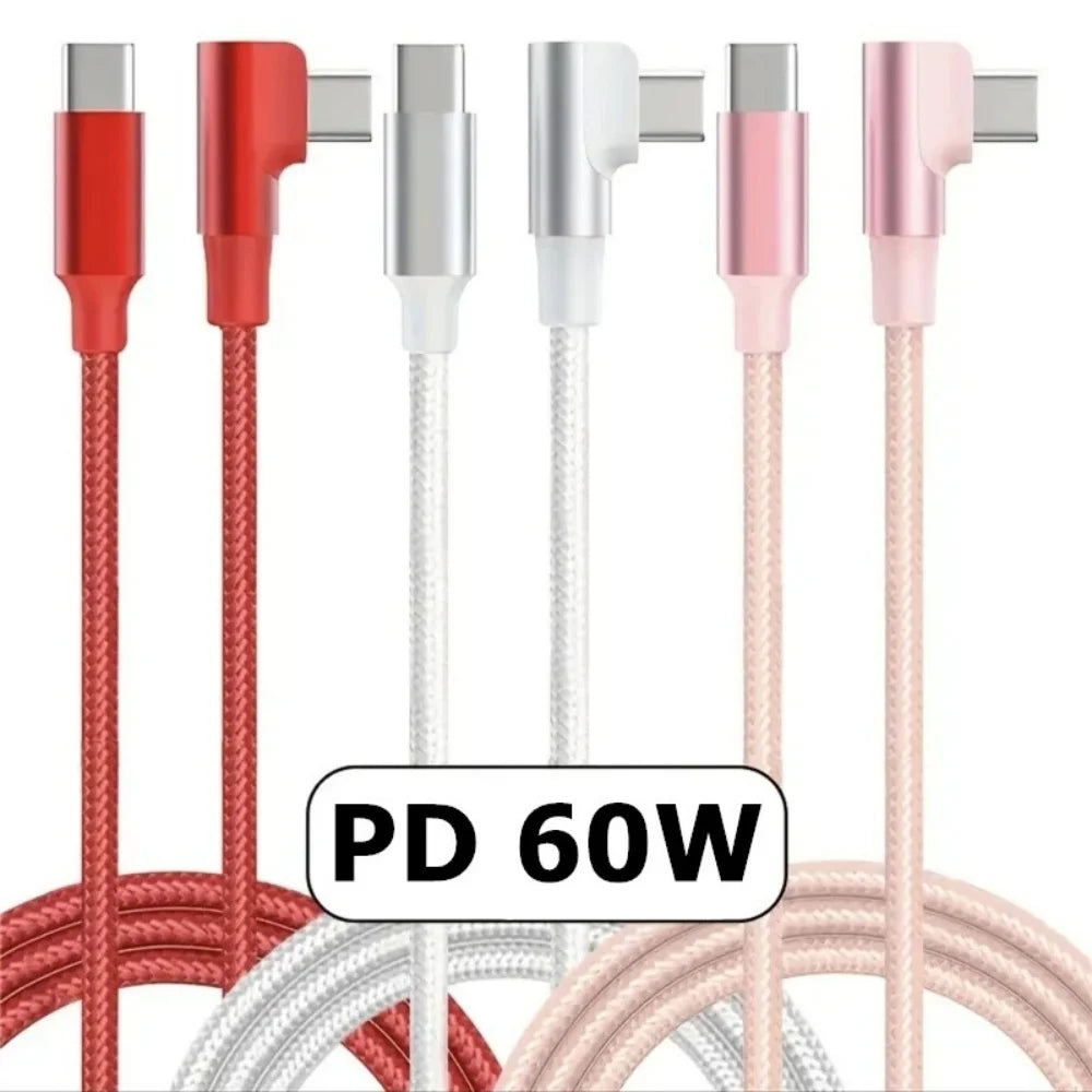 90° USB-C to USB-C 60W Fast Charging Cable | Braided Elbow USB-C Charging Cable QXL