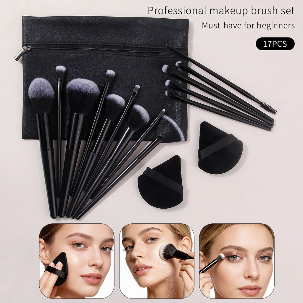 17-Pc Makeup Brush Set with Sponge Pads & Zipper Bag Makeup Brush Set QXL