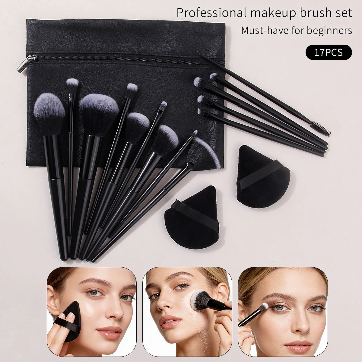17-Pc Makeup Brush Set with Sponge Pads & Zipper Bag Makeup Brush Set QXL