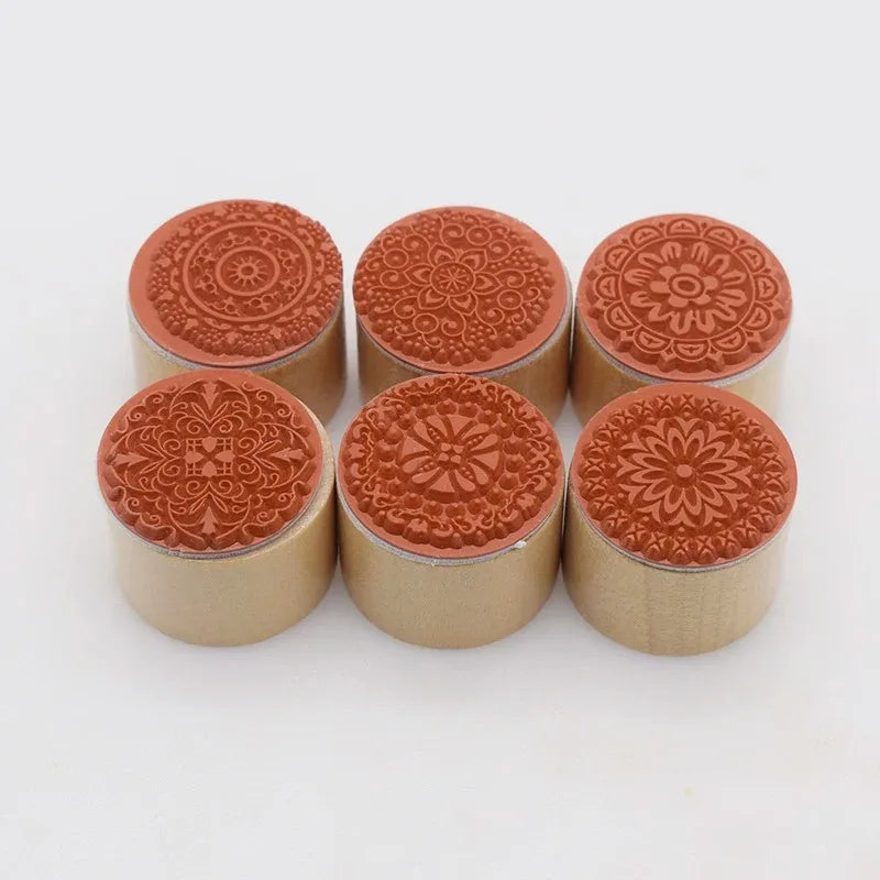 Wooden Rubber Stamp Set | Mandala Floral DIY Craft 6-Piece DIY Craft Stamp Set QXL Circular