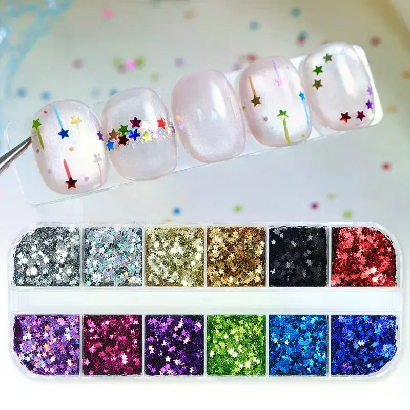 12-Grid Star Nail Glitter Sequins | Holographic 2mm Pentagram Flakes Nail Glitter Sequins QXL