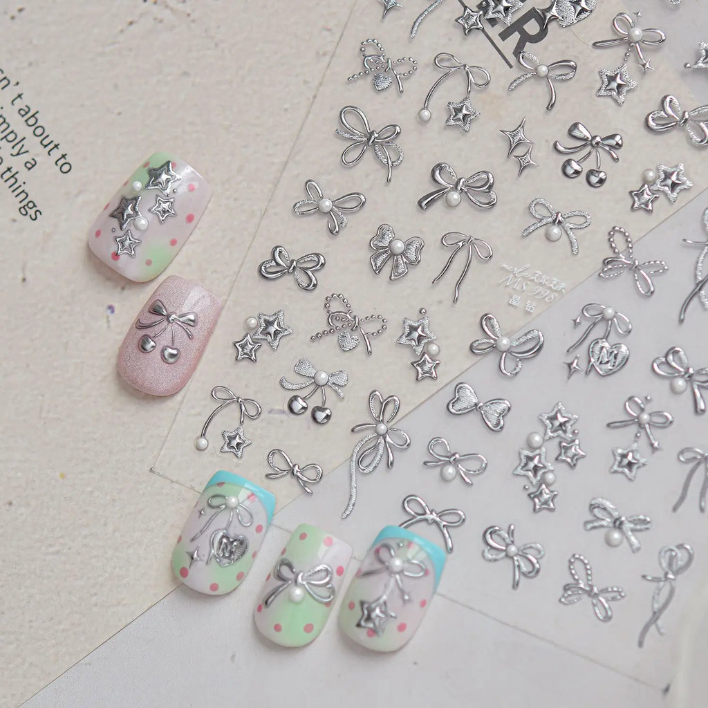 5D Metal Bow Nail Stickers – Star Heart Pearl Tassel Decals Nail Art Stickers QXL