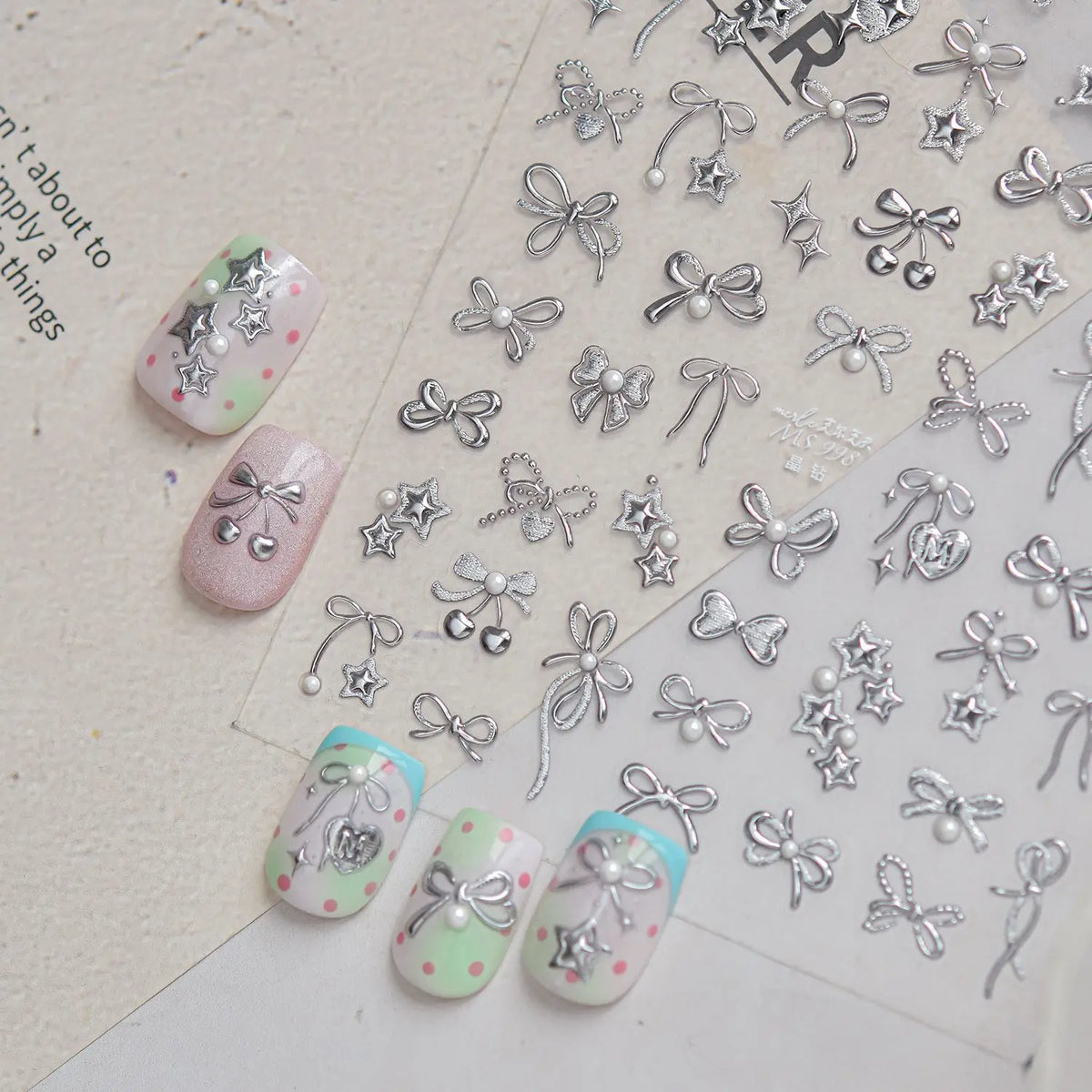 5D Metal Bow Nail Stickers – Star Heart Pearl Tassel Decals Nail Art Stickers QXL