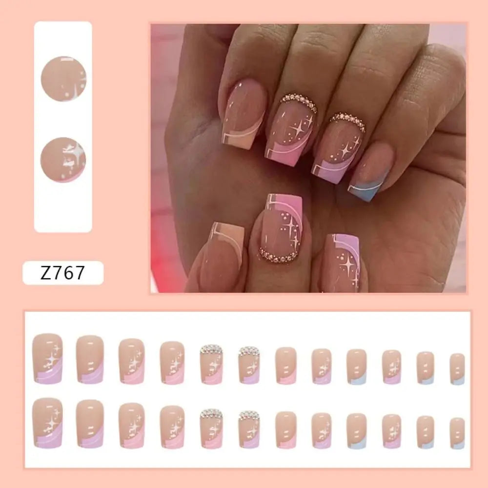 Long Square Press-On Nails | Flower Rainbow Starburst 24pc Press-On Nail Tips QXL