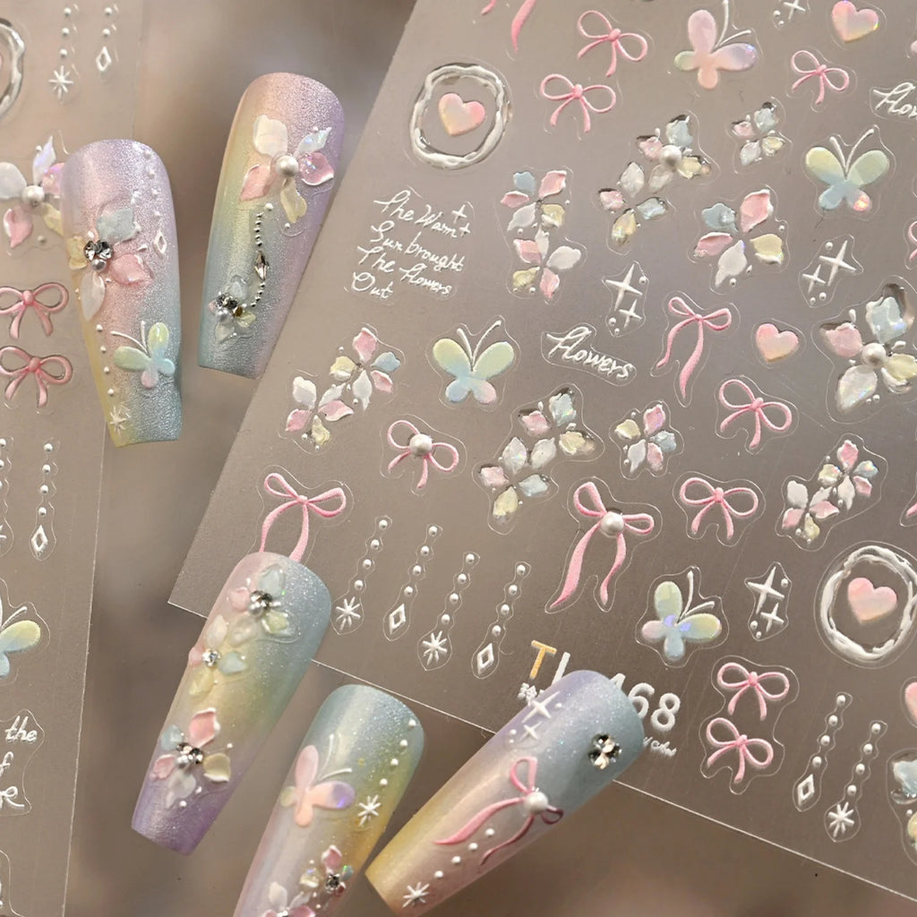 5D Butterfly Bow Nail Stickers | Y2K Lolita Pearl Decals Nail Art Stickers QXL