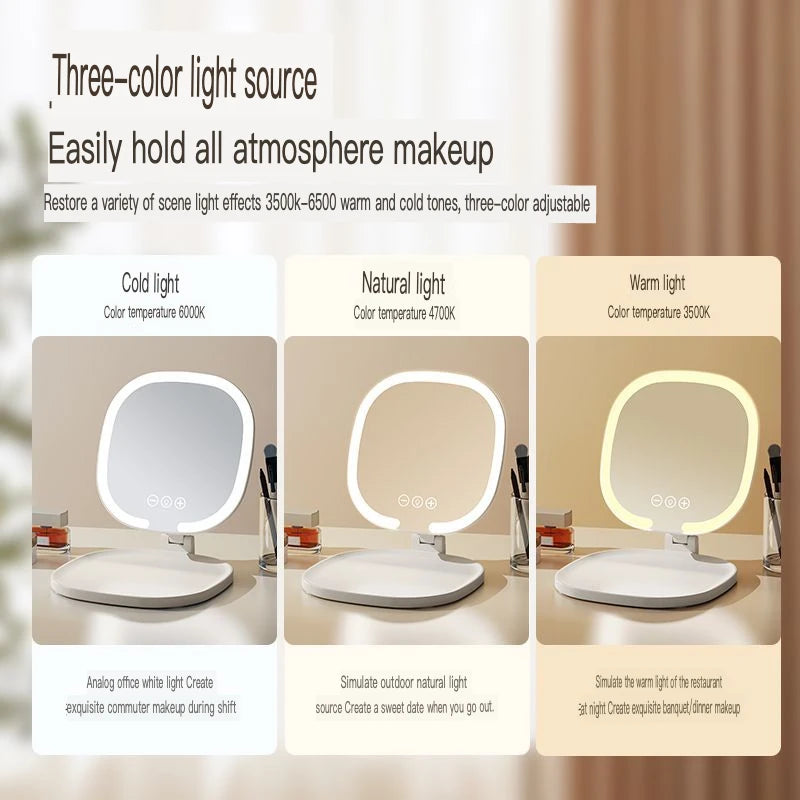 LED Folding Makeup Mirror 3-Tone Light | Oval Desktop Mirror LED Makeup Mirror QXL