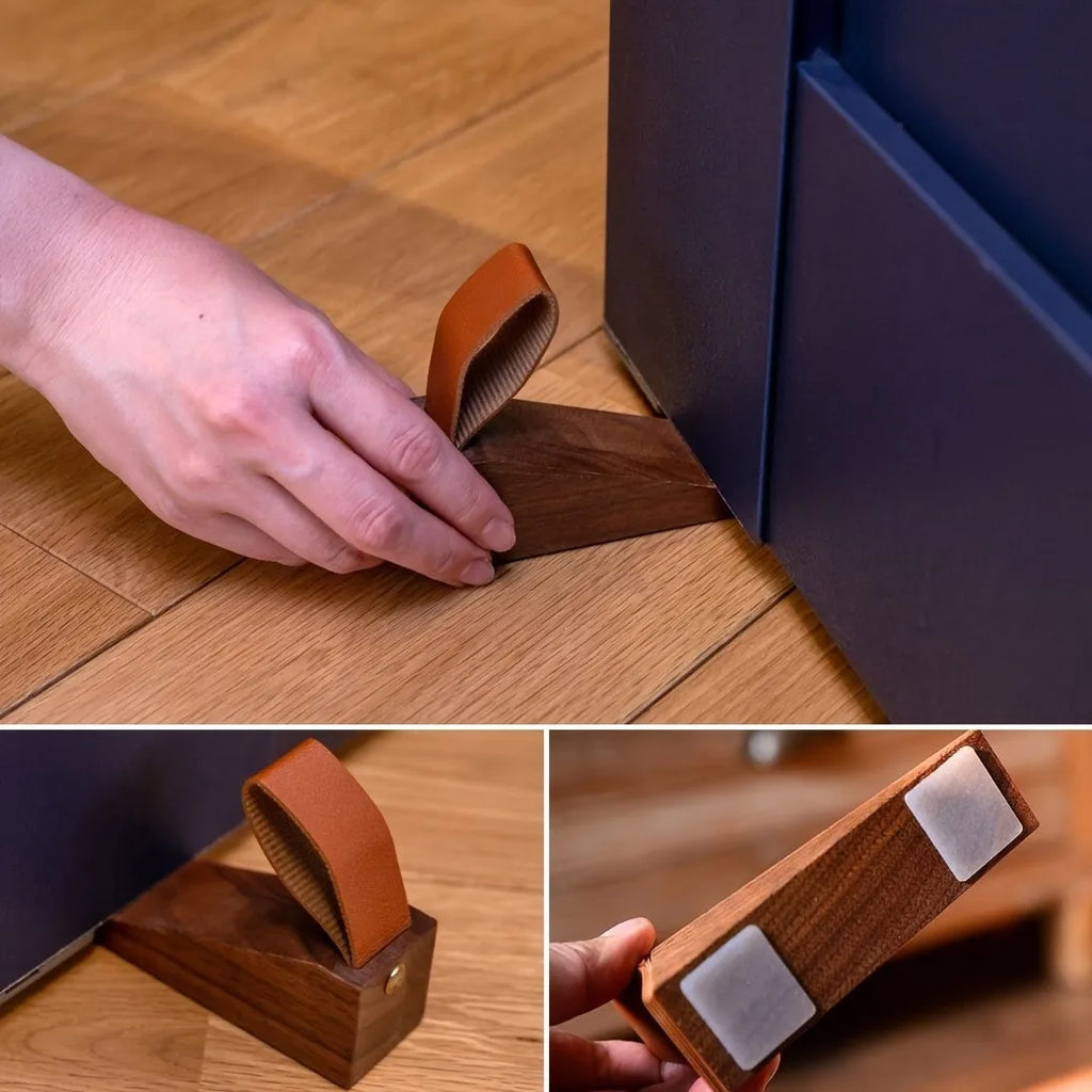 Wooden Door Stopper with Leather Ring & Non-Slip Rubber Base Wooden Door Stopper QXL