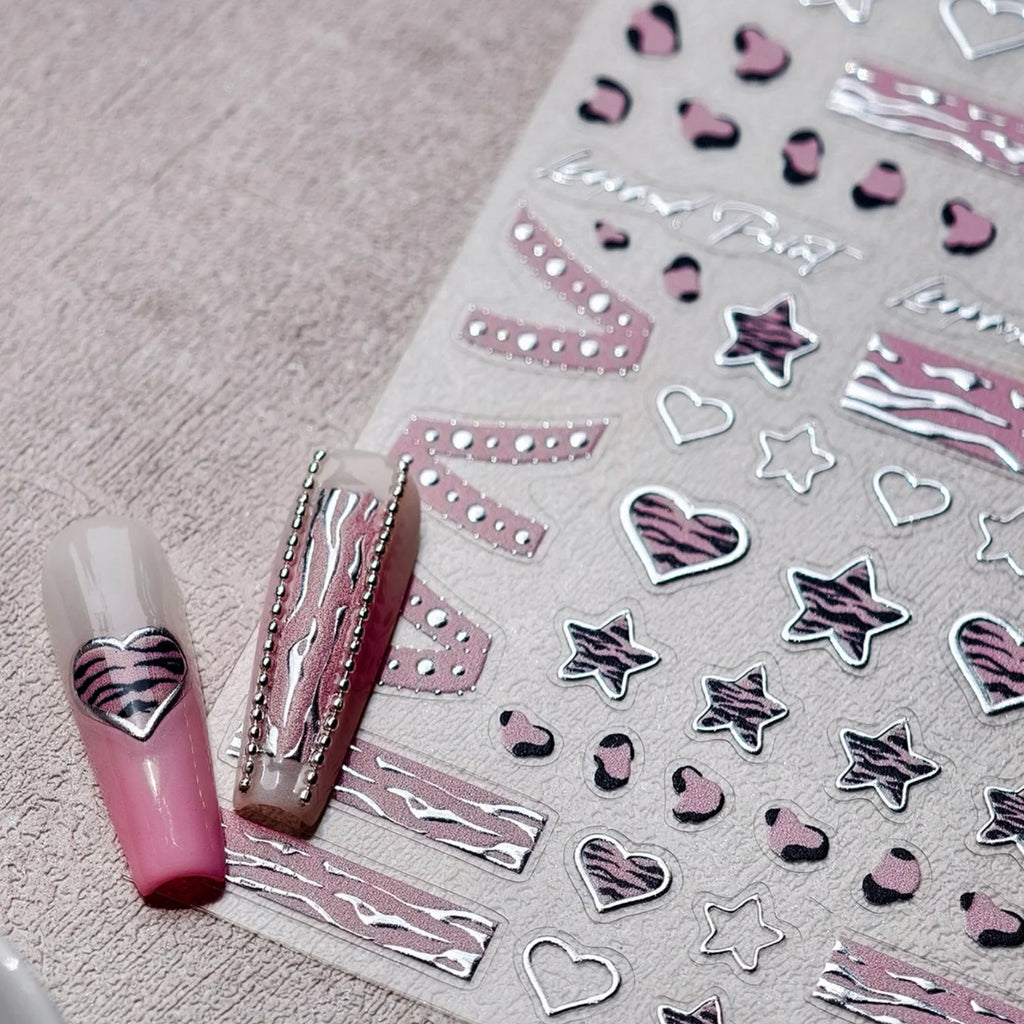 5D Nail Art Stickers – Punk Pink Leopard Hearts & Stars Nail Art Stickers QXL
