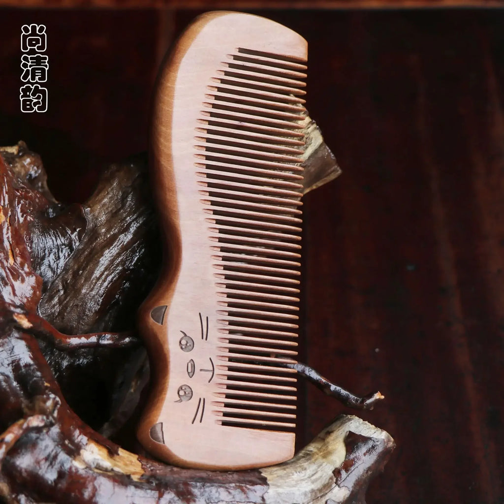 Peach Wood Cat Shape Comb | Anti-Static Scalp Massage Wooden Hair Comb QXL