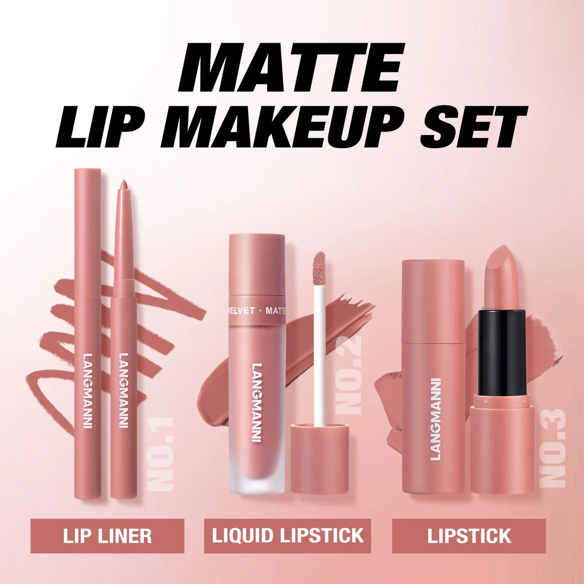 LANGMANNI 3-Pc Waterproof Matte Lip Kit – Liner & Lipstick Set Lip Makeup Kit QXL