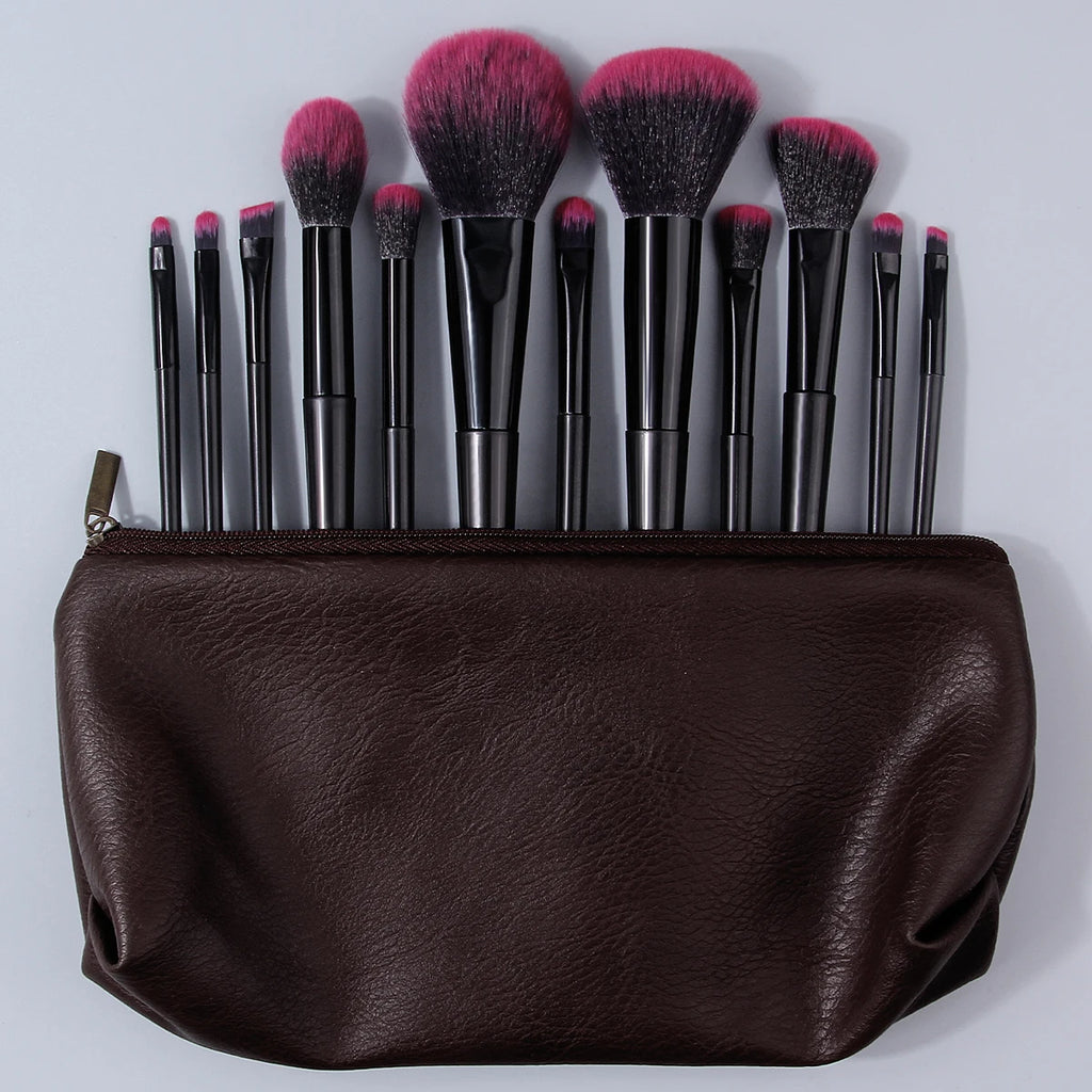 15-Pc Makeup Brush Set with PU Bag & Pink Powder Puffs Makeup Brush Set QXL