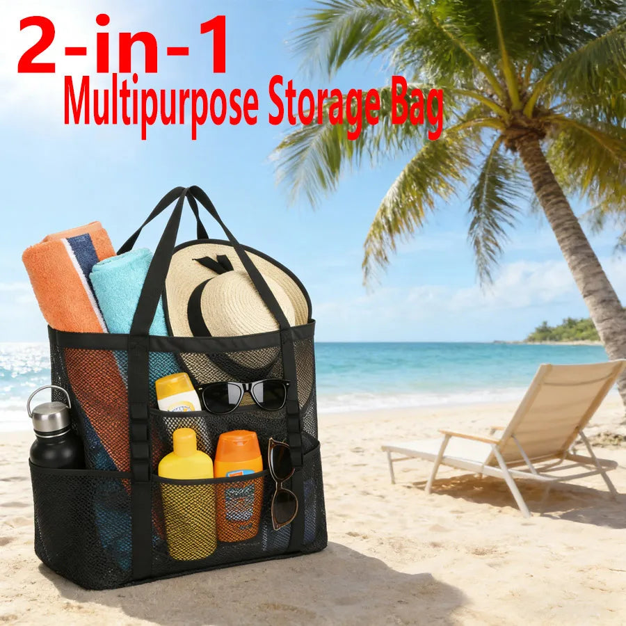 2-in-1 Large Mesh Beach Bag with Waterproof Zipper Pocket Mesh Tote Bag QXL