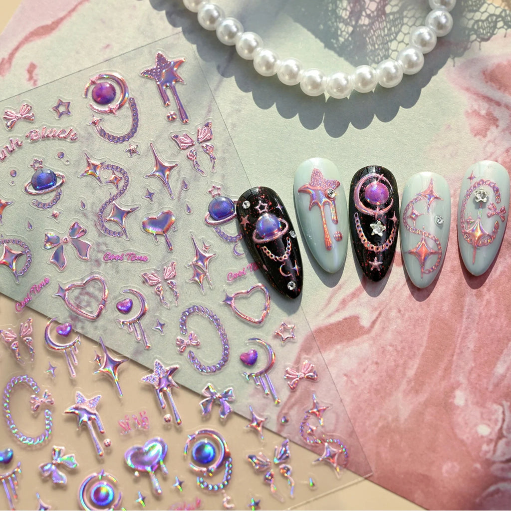 5D Holographic Y2K Nail Stickers | Star Moon Heart Decals Nail Art Stickers QXL