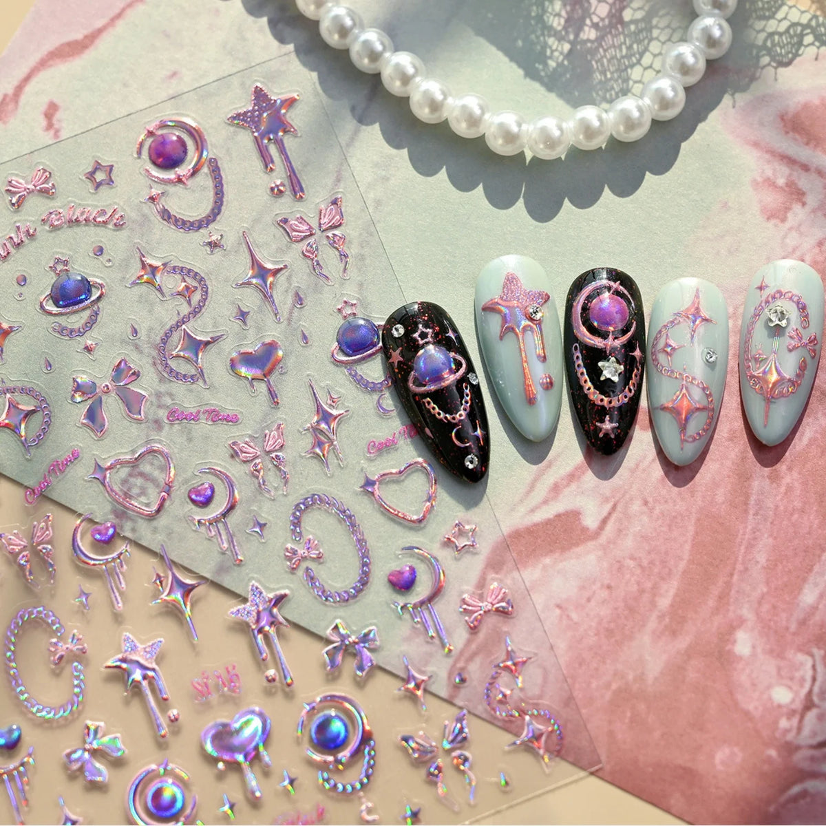 5D Holographic Y2K Nail Stickers | Star Moon Heart Decals Nail Art Stickers QXL
