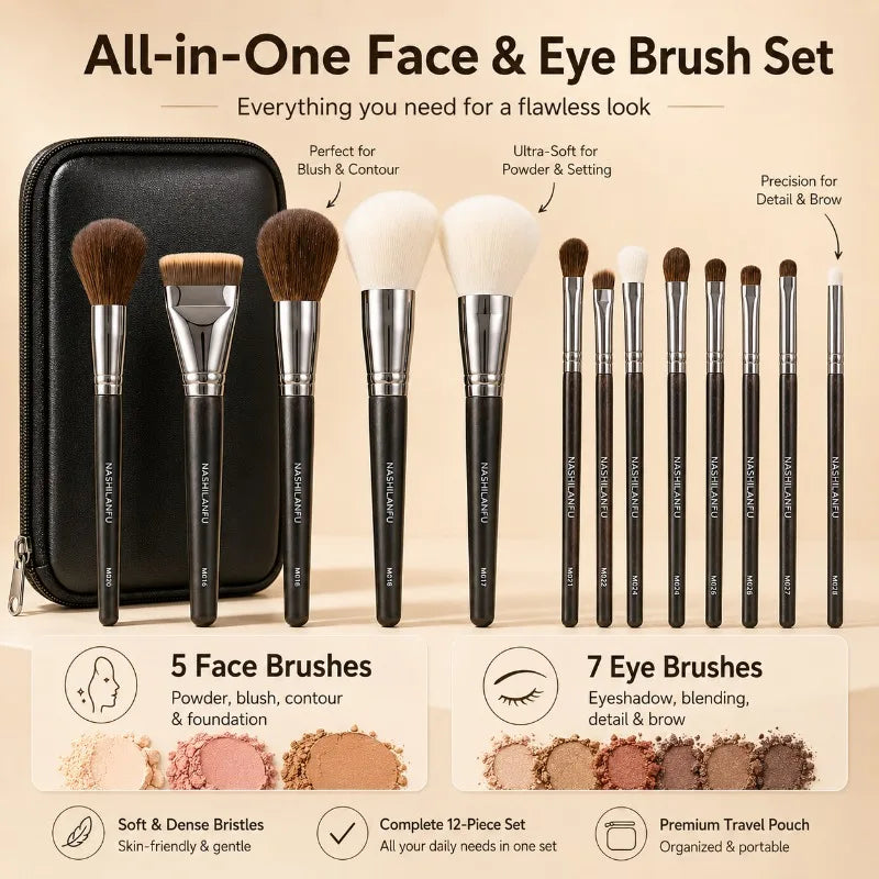 14-Piece Makeup Brush Set with Travel Pouch | Face & Eye Makeup Brush Set QXL
