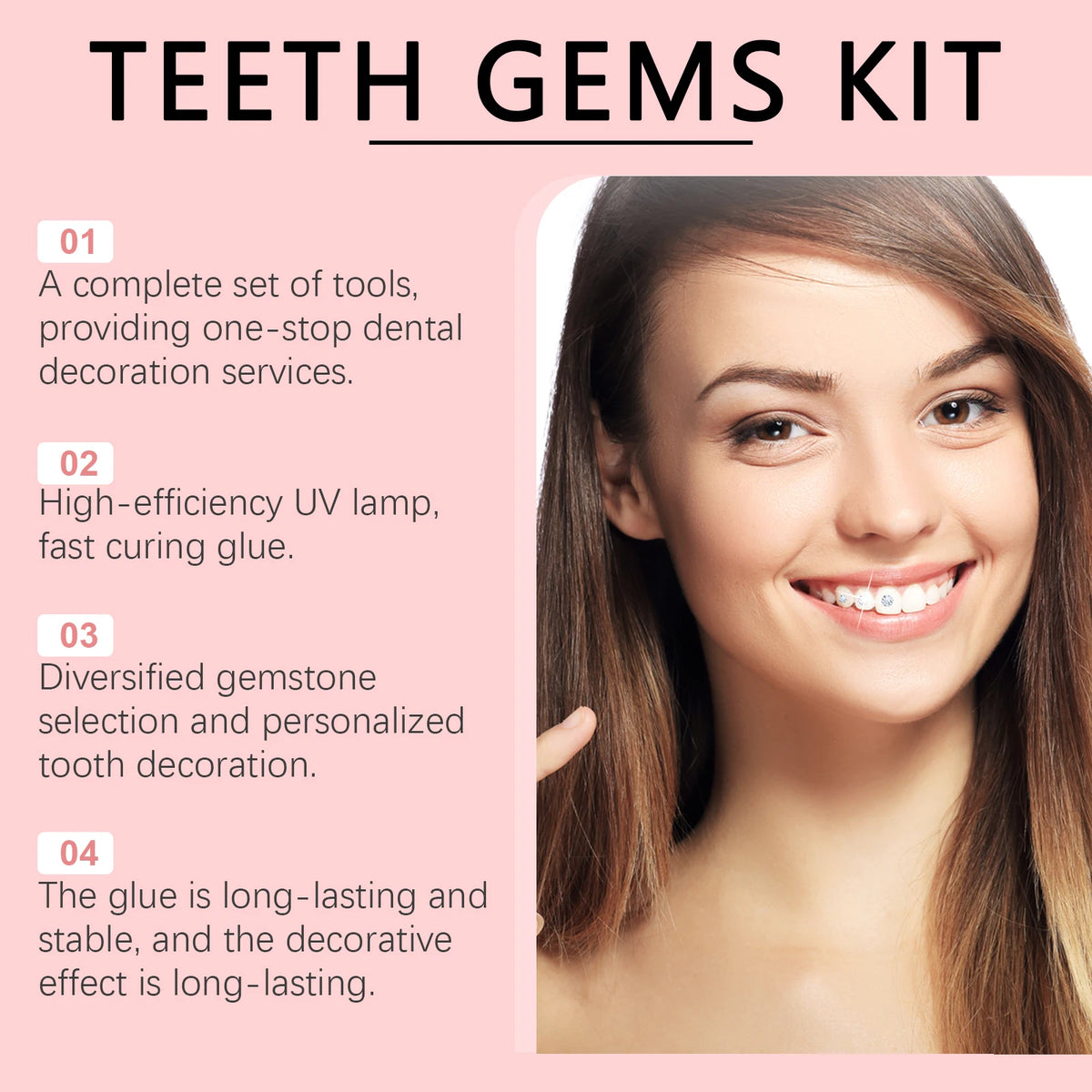 Teeth Gems DIY Kit – 100 Gems, UV Light & Dental Glue Tooth Gem Kit QXL