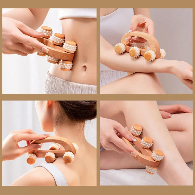 6-Wheel Wooden Massage Roller | Neck Back Leg Body Tool Wooden Massage Roller QXL