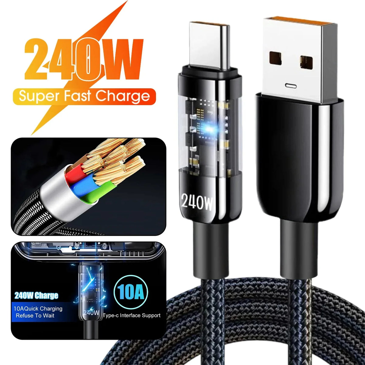 240W USB-A to USB-C Fast Charging Nylon Cable | LED Display USB-C Charging Cable QXL