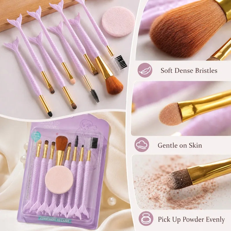 8-Pc Mini Mermaid Tail Makeup Brush Set with Powder Puff Makeup Brush Set QXL